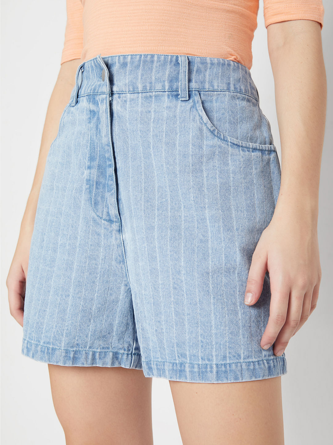 Blue High Waist Striped Denim Shorts