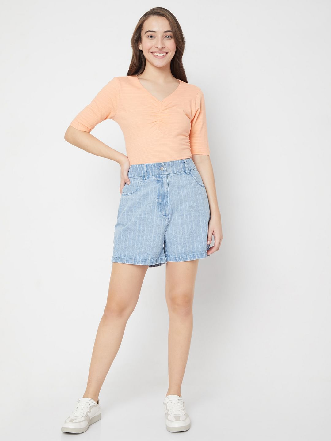 Blue High Waist Striped Denim Shorts