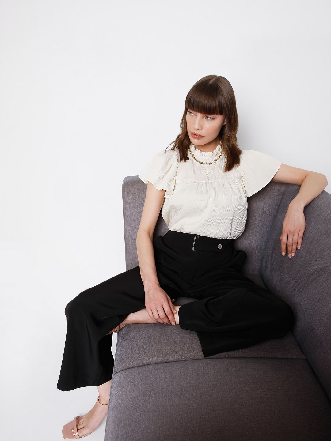 Beige Ruffle Sleeves Top