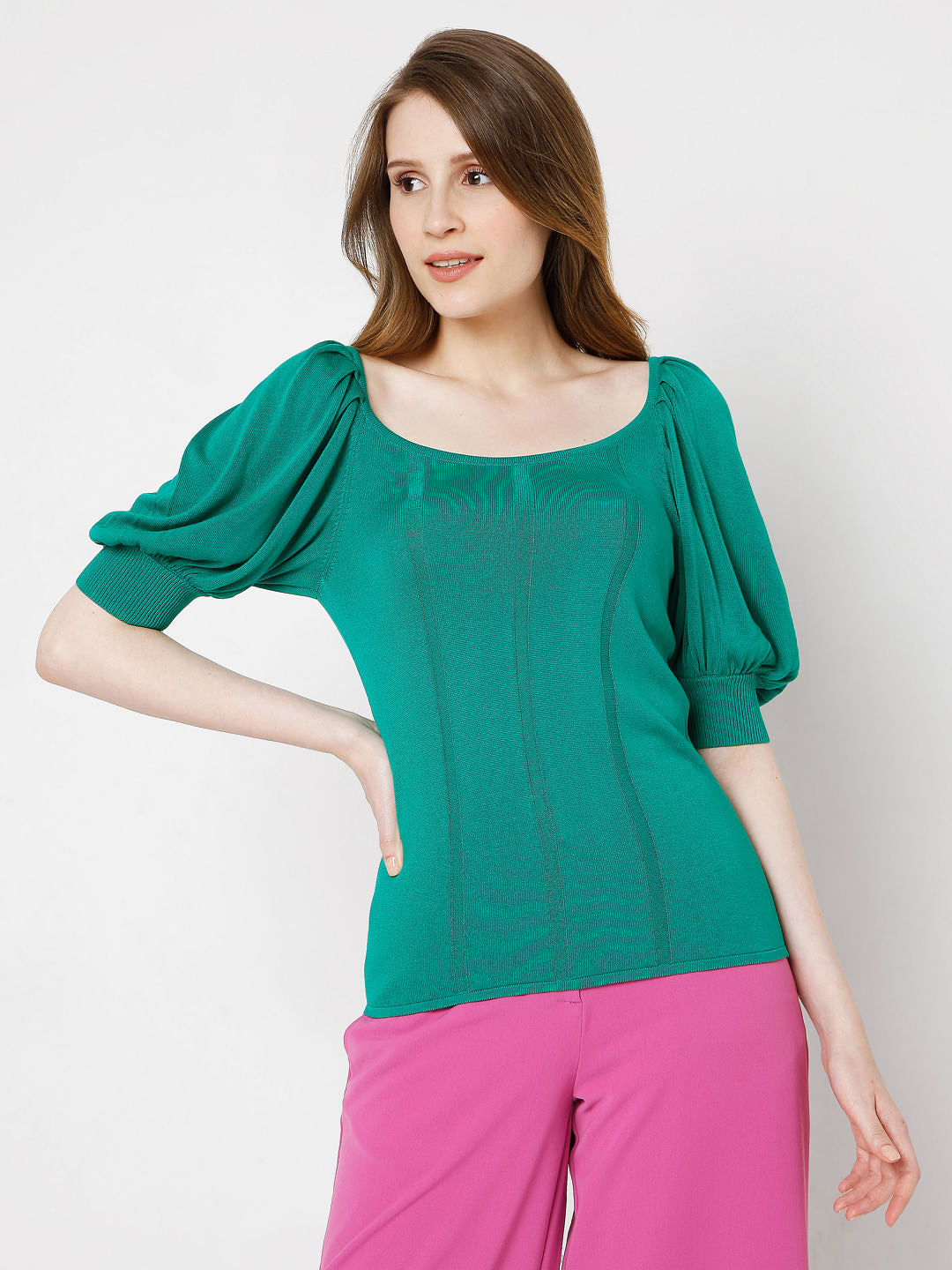 Green Puff Sleeves Knit Top