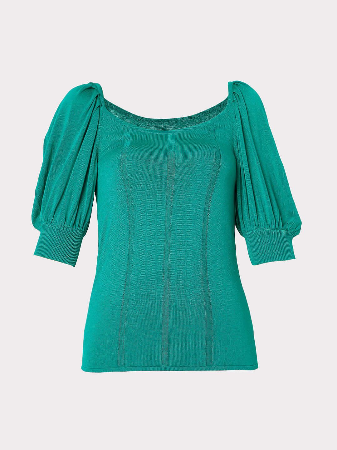 Green Puff Sleeves Knit Top