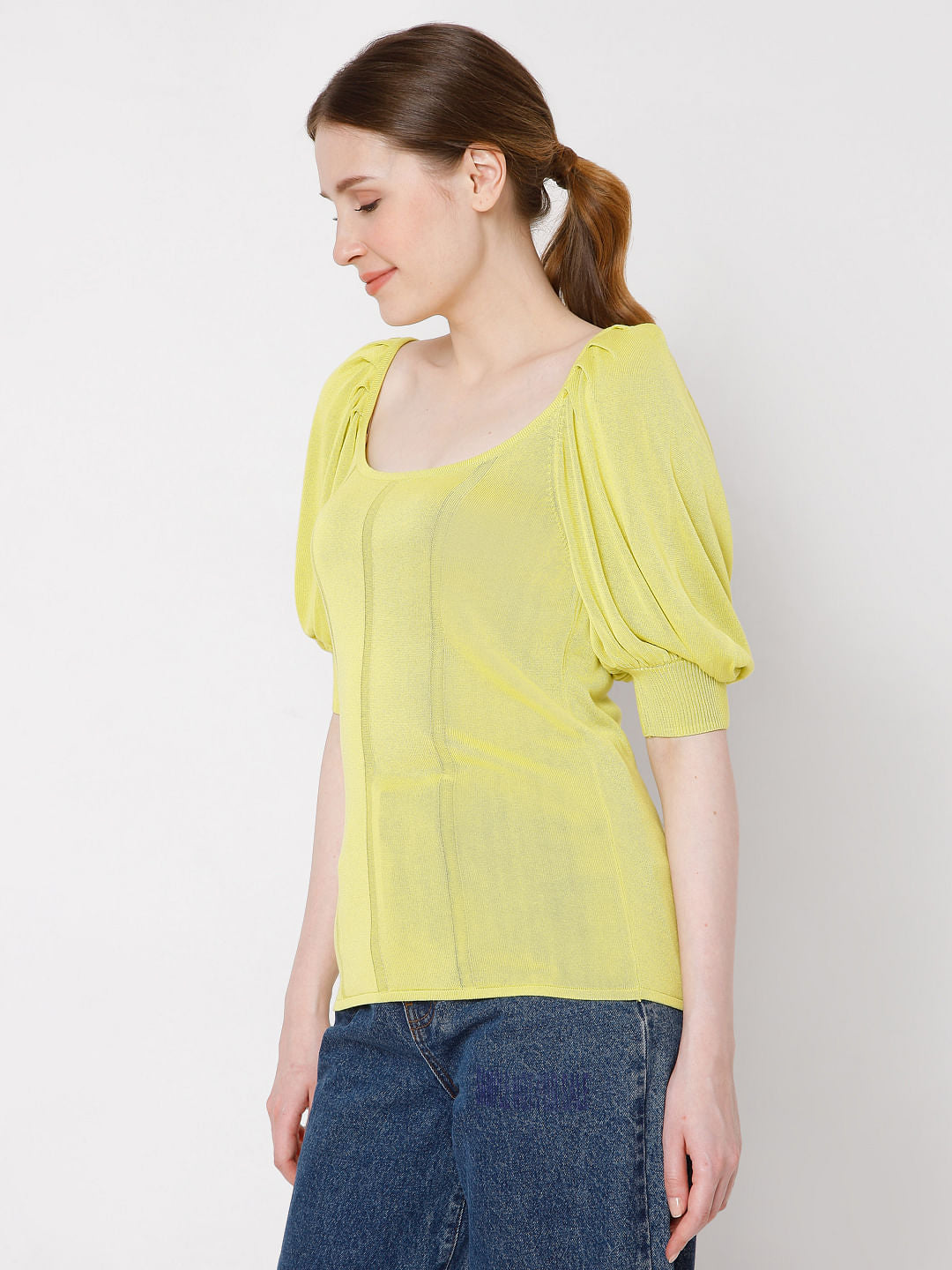 Yellow Puff Sleeves Knit Top