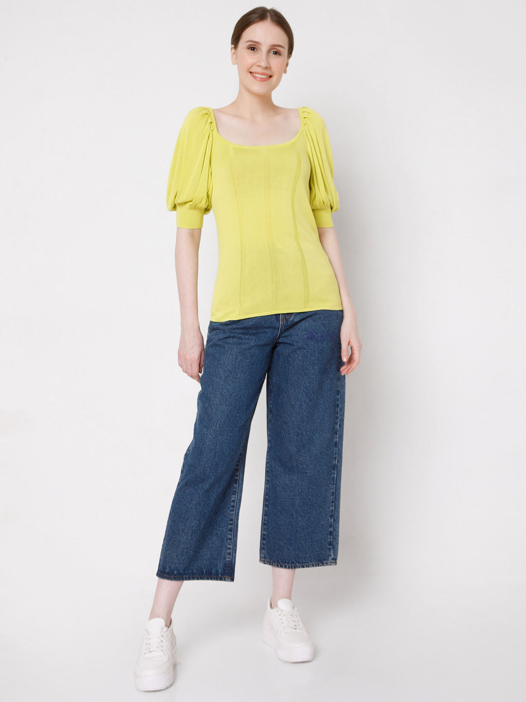 Yellow Puff Sleeves Knit Top