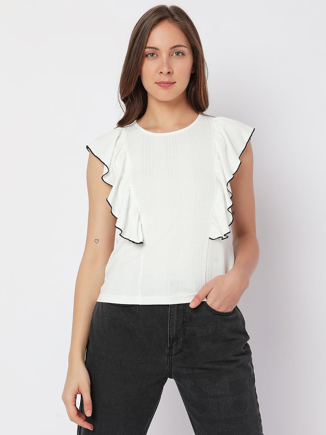 White Ruffle Detail Knit Top