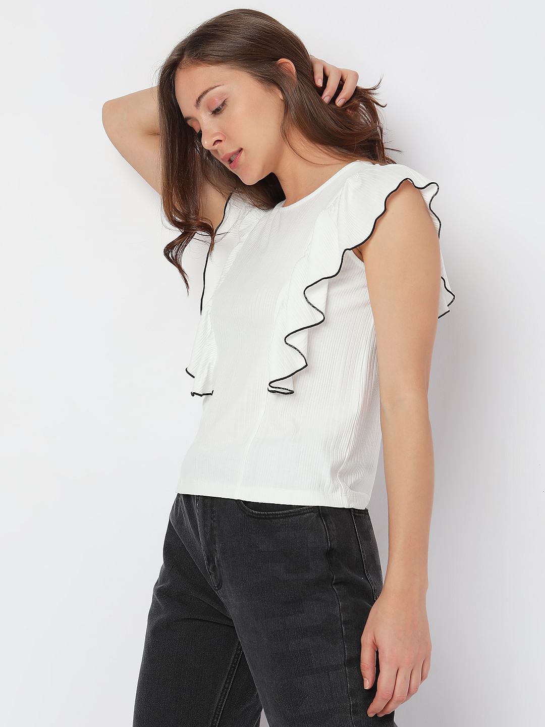 White Ruffle Detail Knit Top