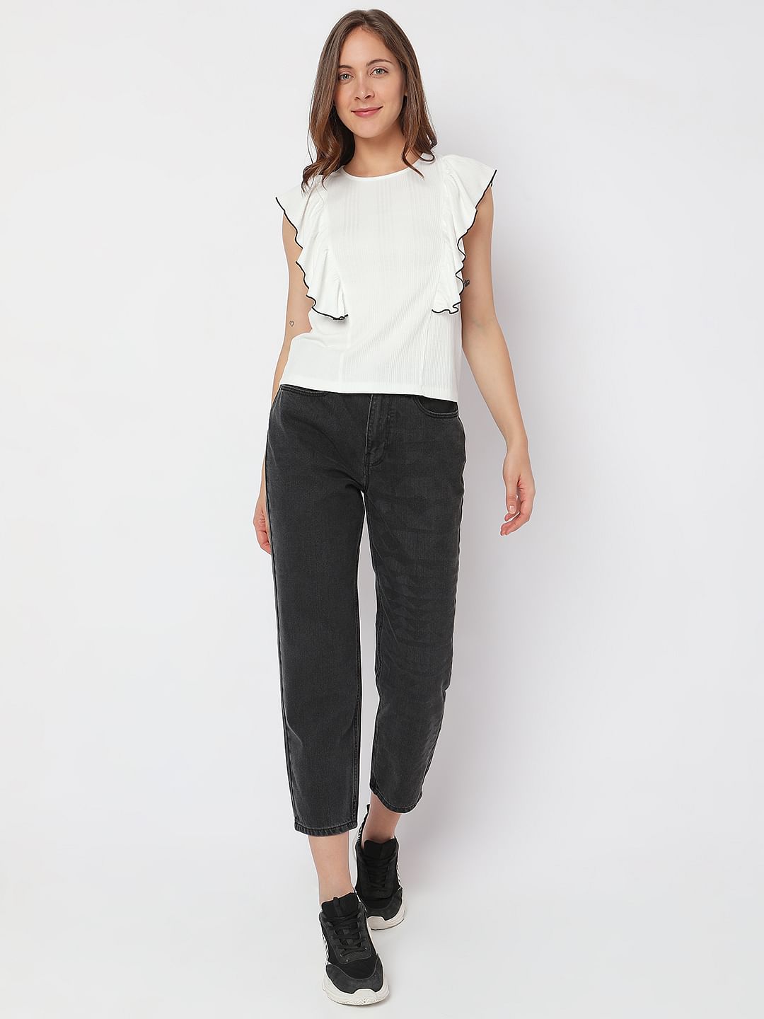 White Ruffle Detail Knit Top