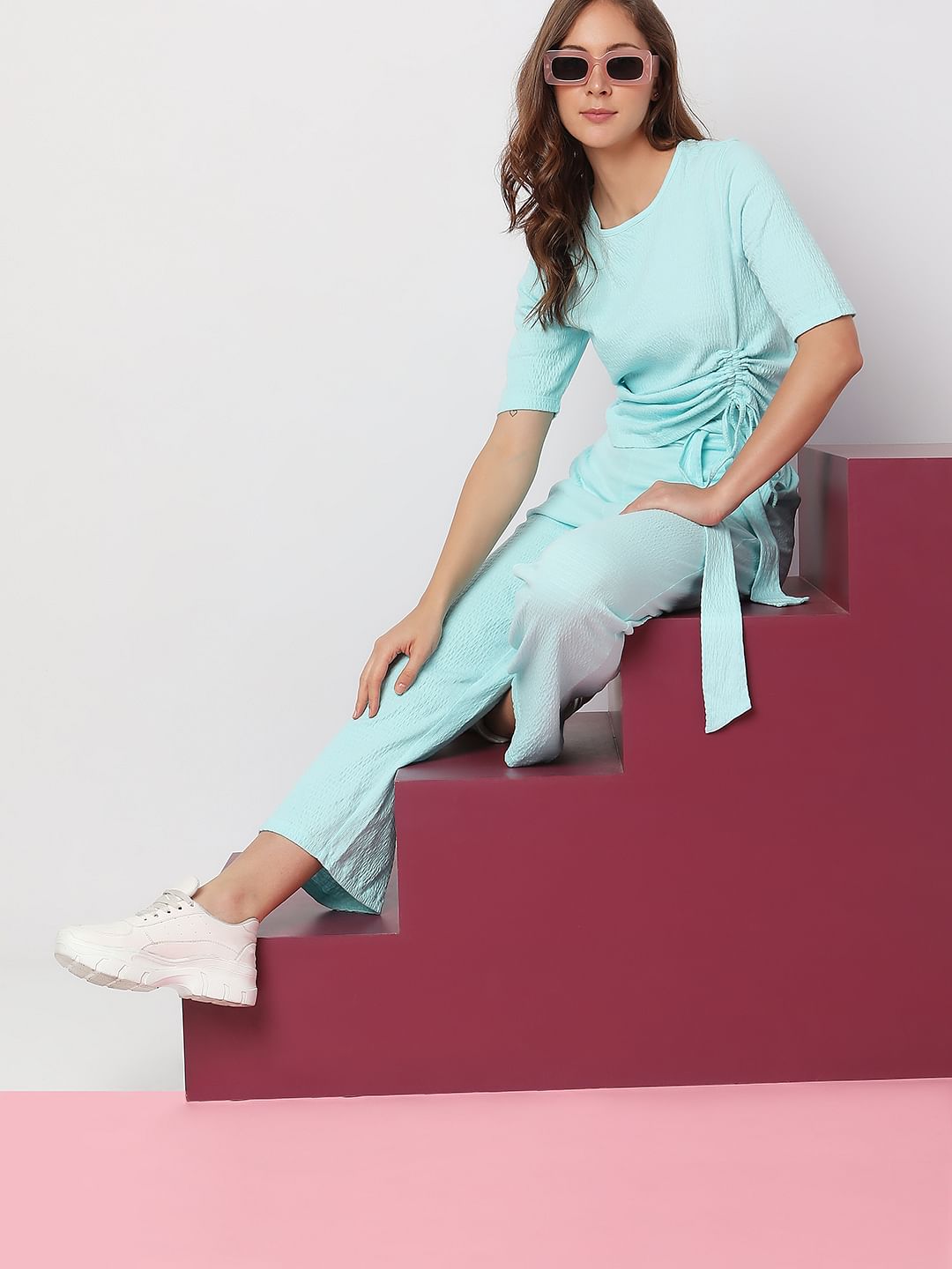 Aqua Blue Ruched Detail Co-Ord Top
