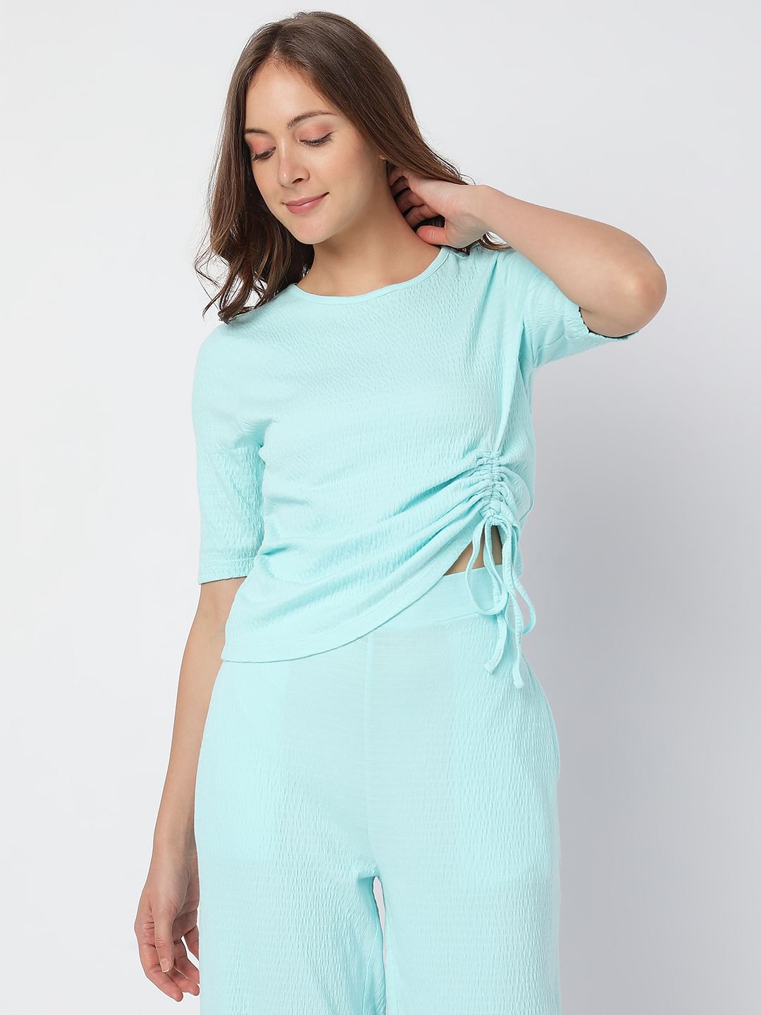 Aqua Blue Ruched Detail Co-Ord Top