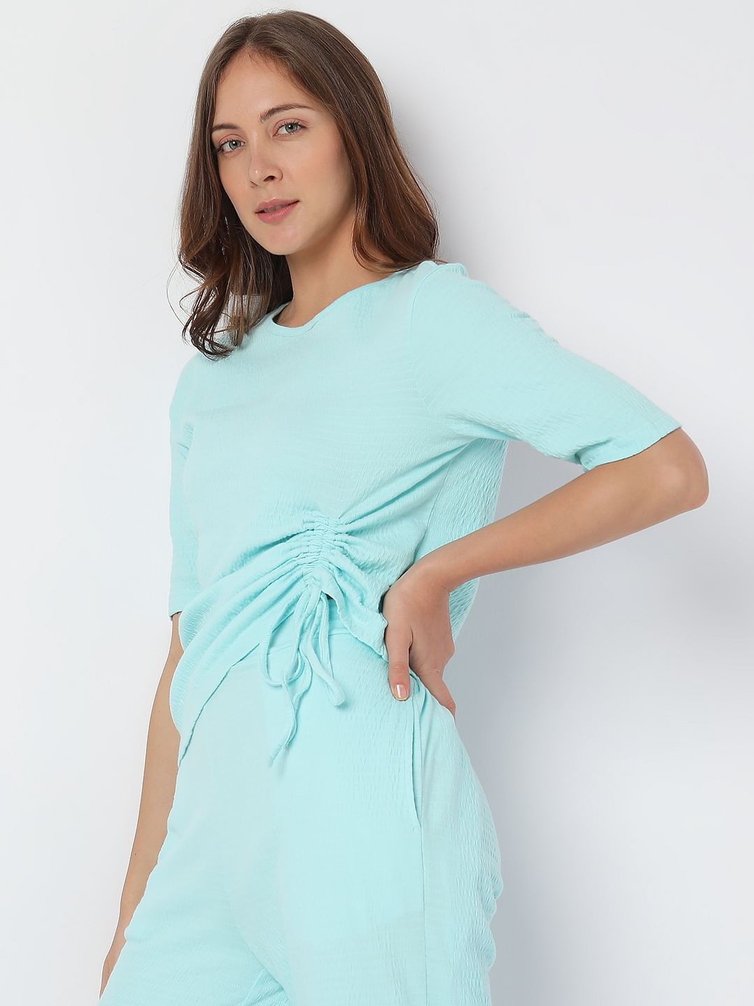 Aqua Blue Ruched Detail Co-Ord Top