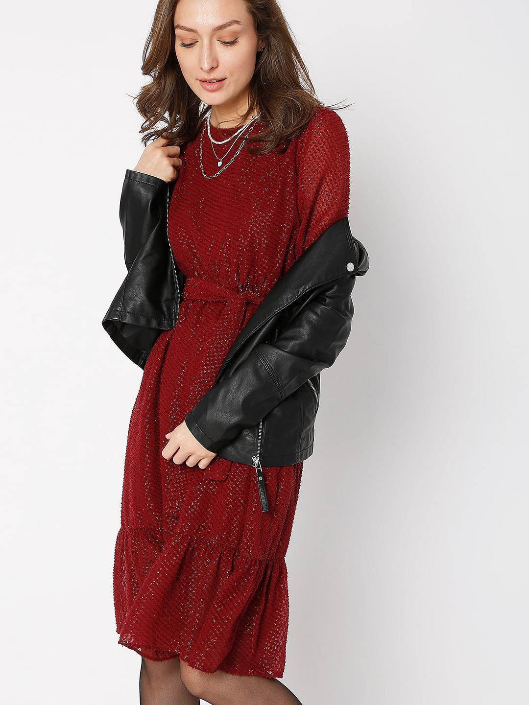 Maroon Tiered Midi Dress