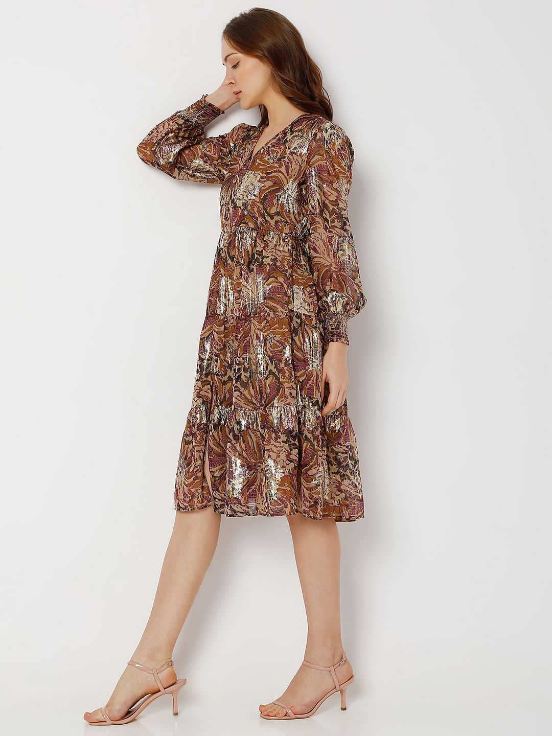 Brown Printed Tiered Shift Dress
