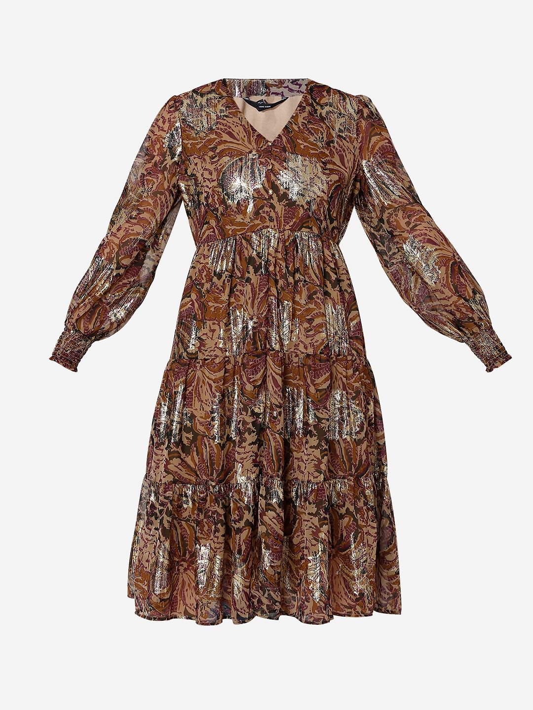 Brown Printed Tiered Shift Dress