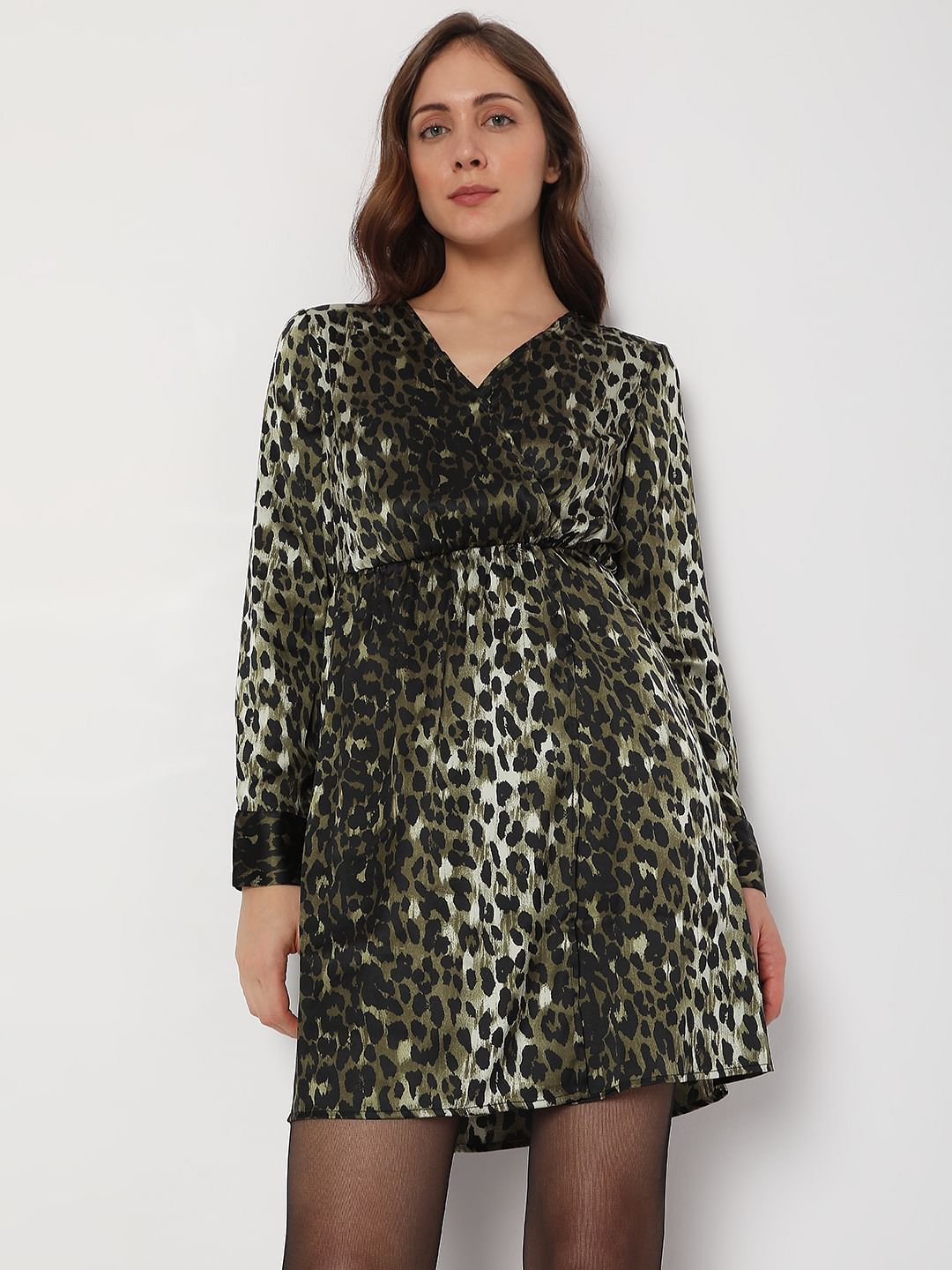 Green Animal Print Wrap Dress