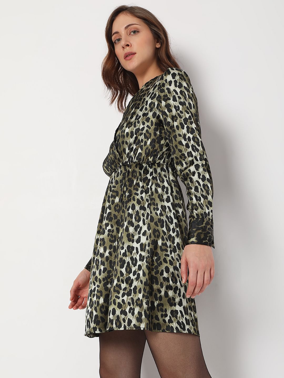 Green Animal Print Wrap Dress