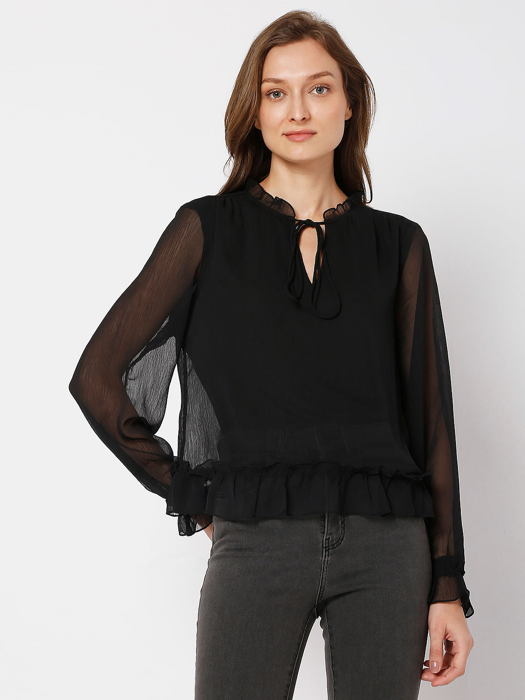 Black Ruffle Sheer Top