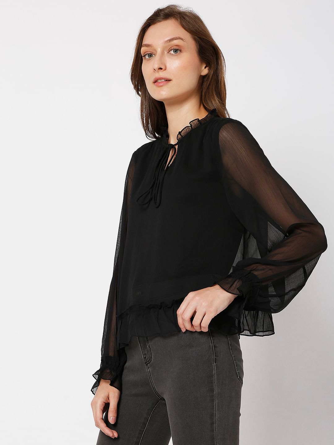 Black Ruffle Sheer Top