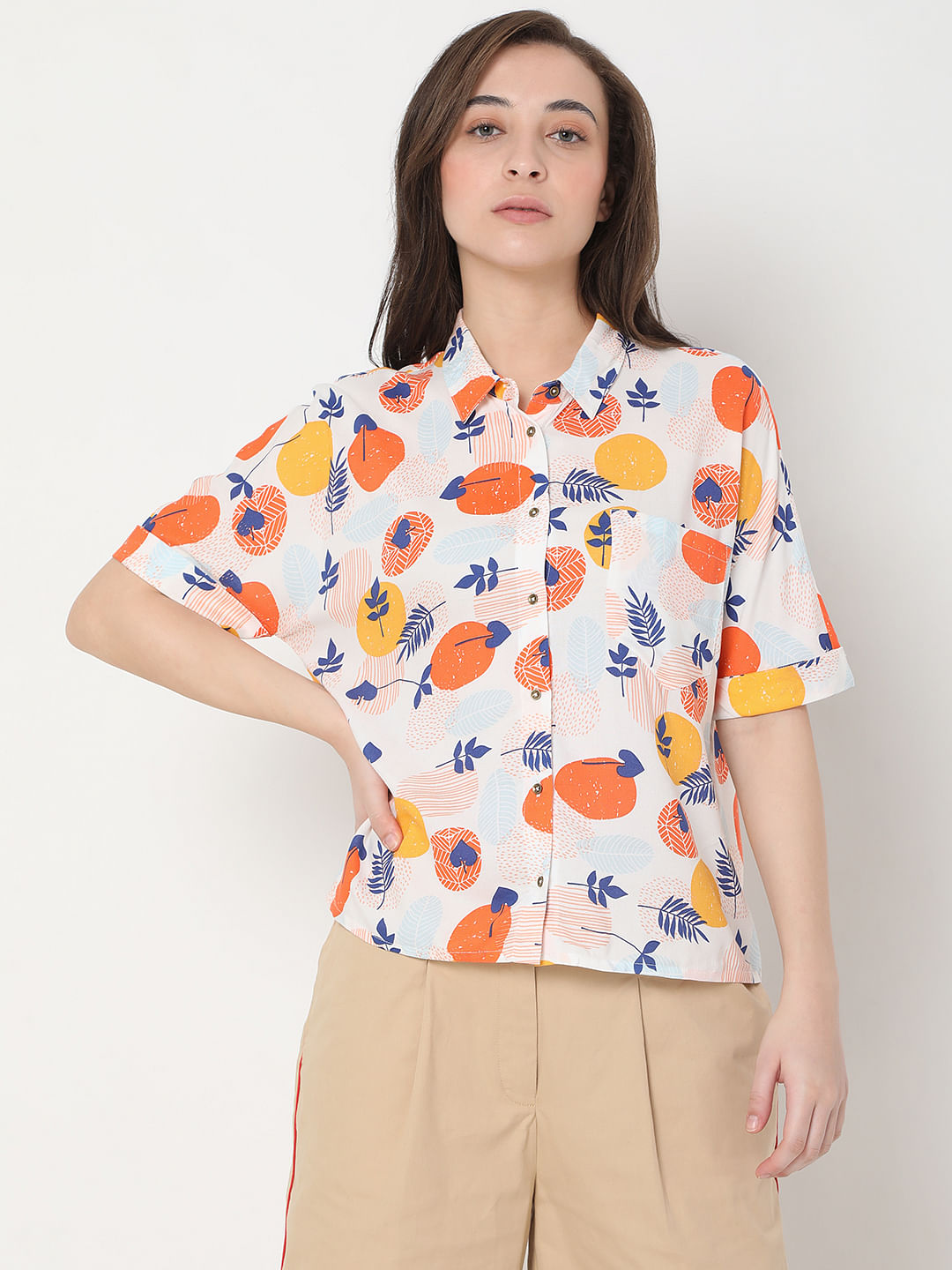 White Geometric Print Shirt