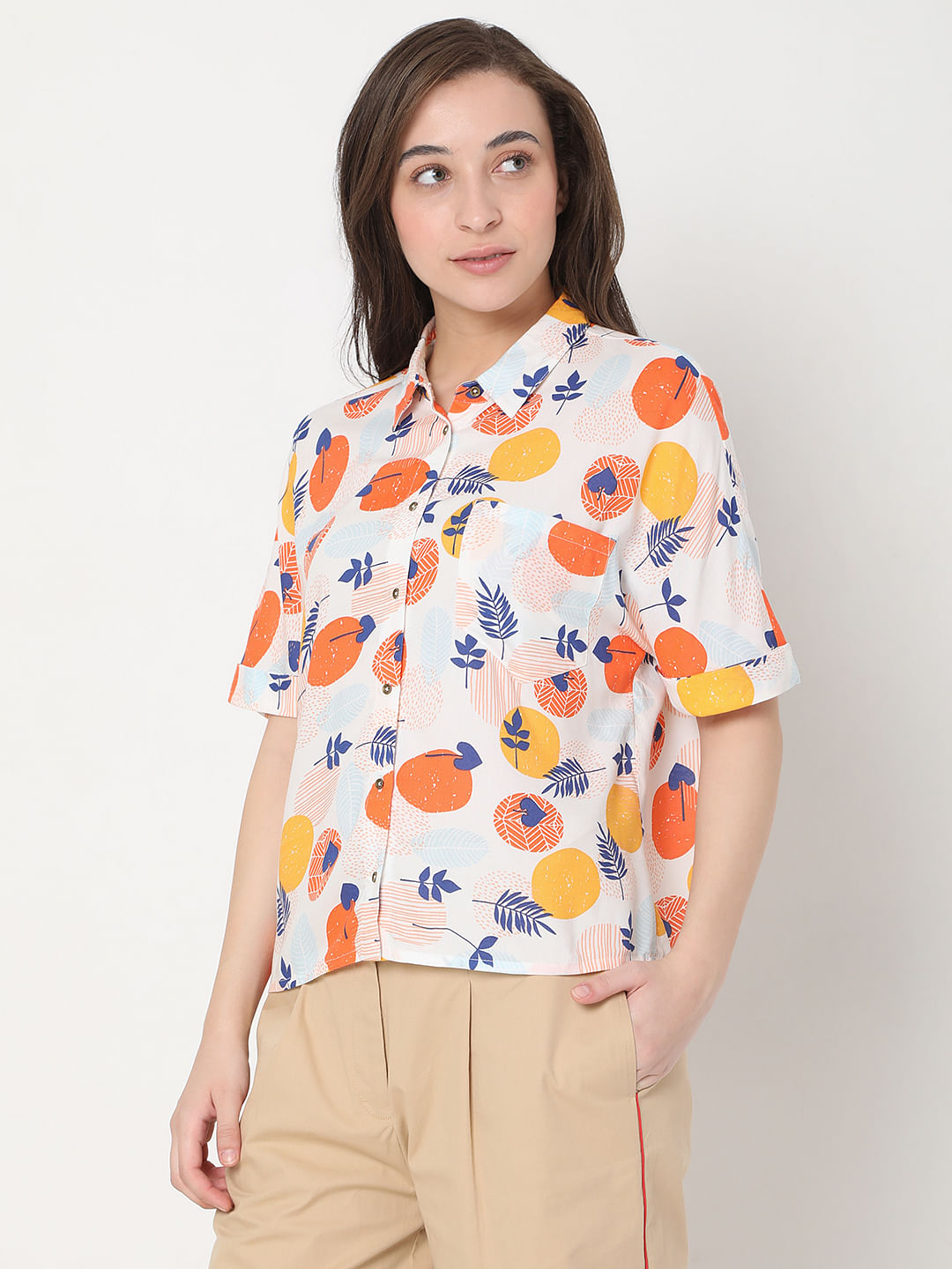 White Geometric Print Shirt