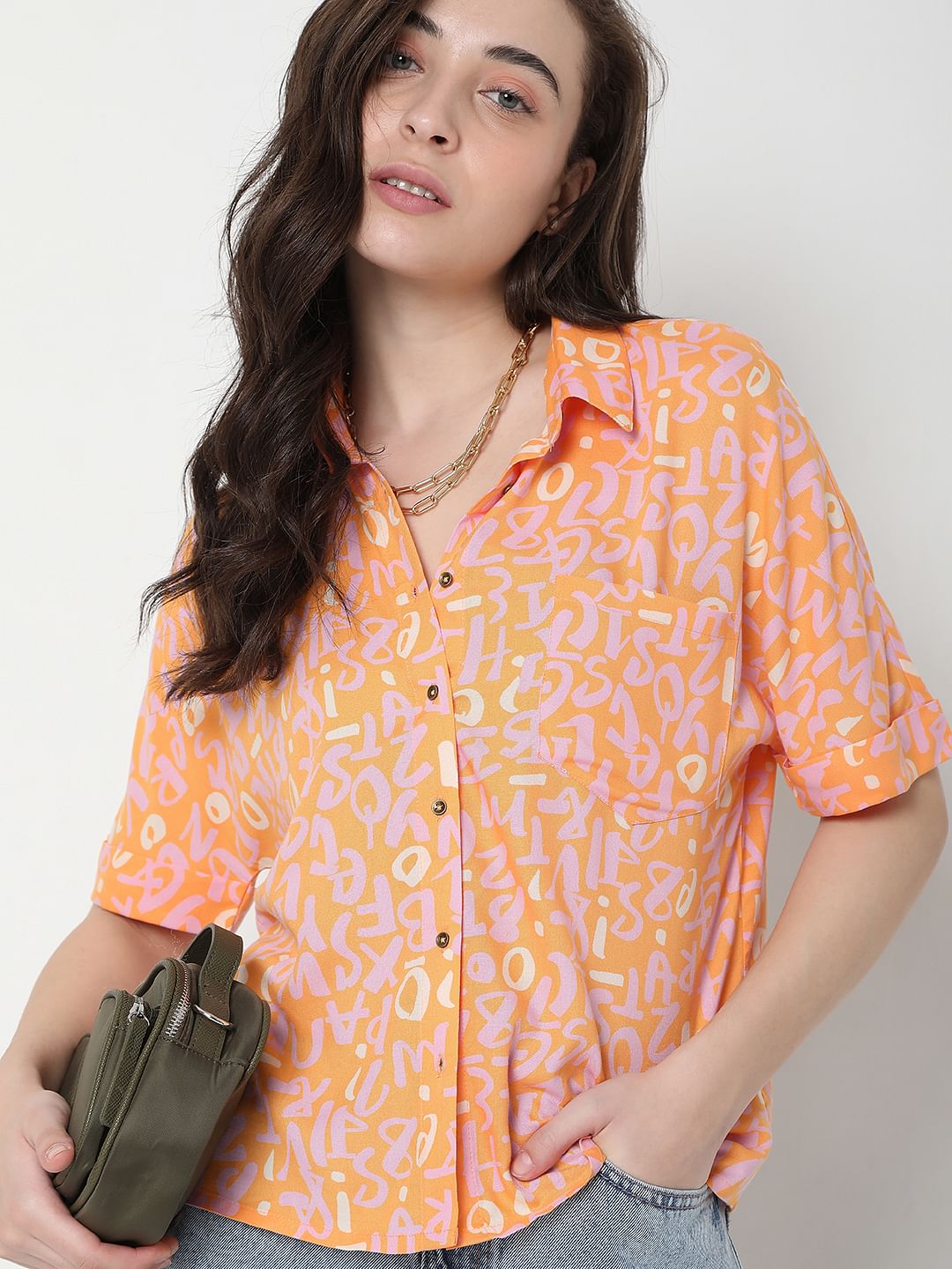 Orange Typographic Print Shirt