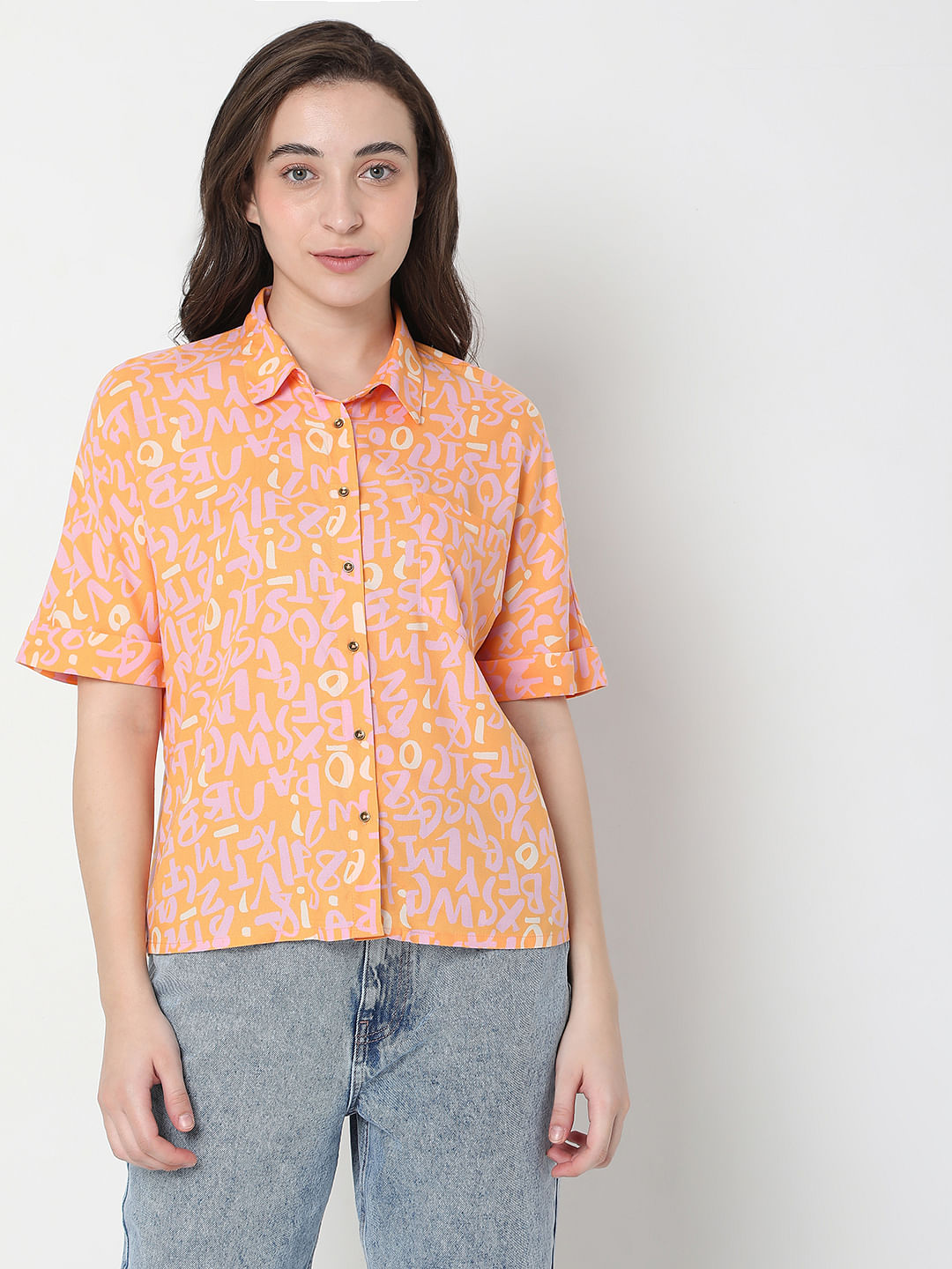 Orange Typographic Print Shirt