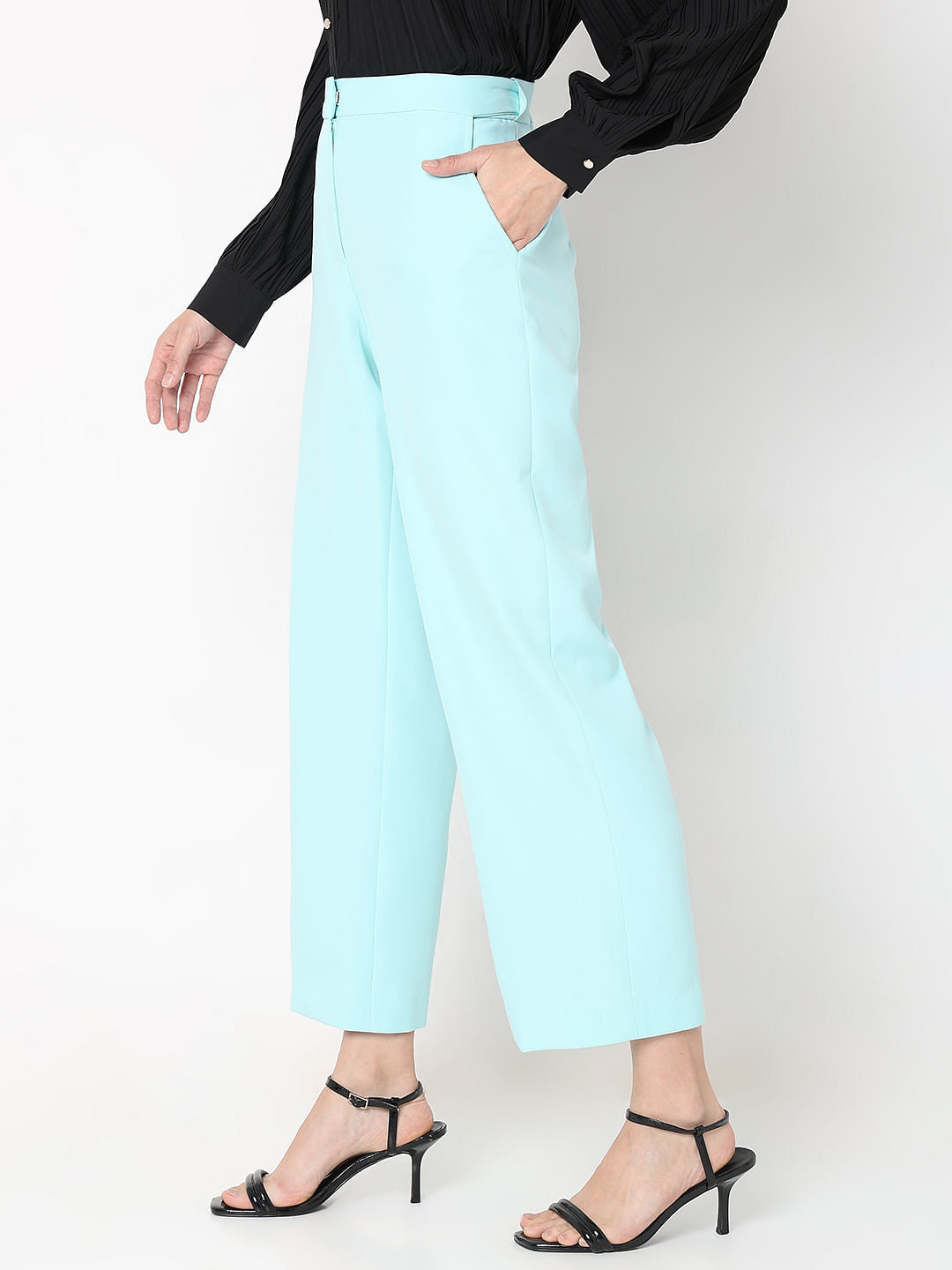 Blue High Rise Straight Fit Pants