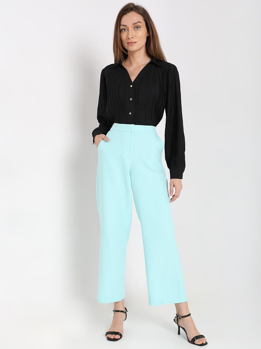 Blue High Rise Straight Fit Pants