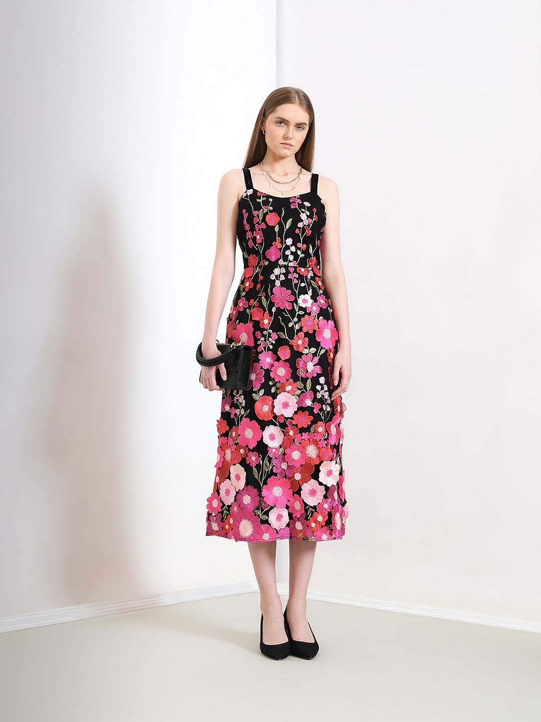 Marquee Black 3D Floral Midi Dress
