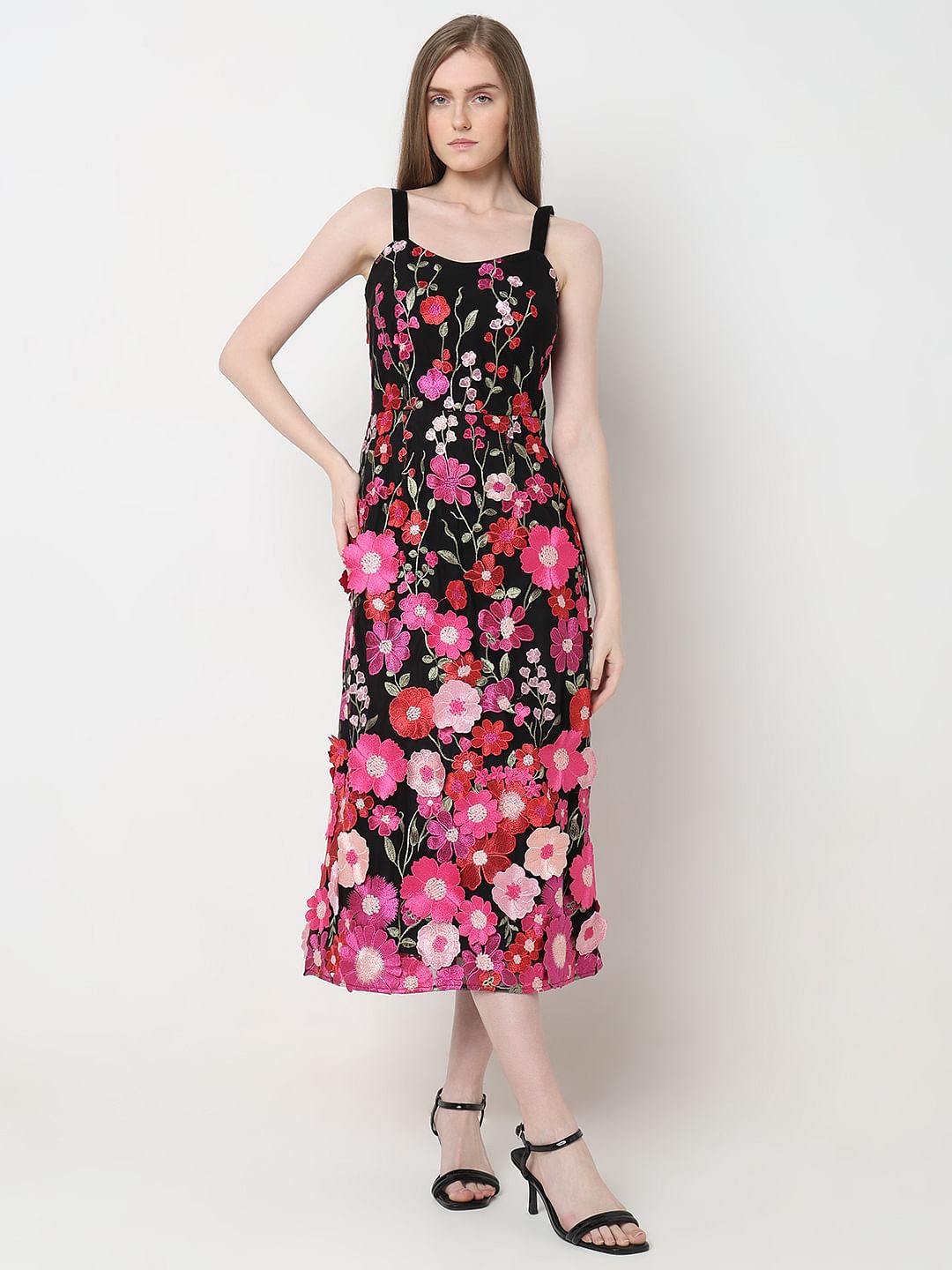 Marquee Black 3D Floral Midi Dress