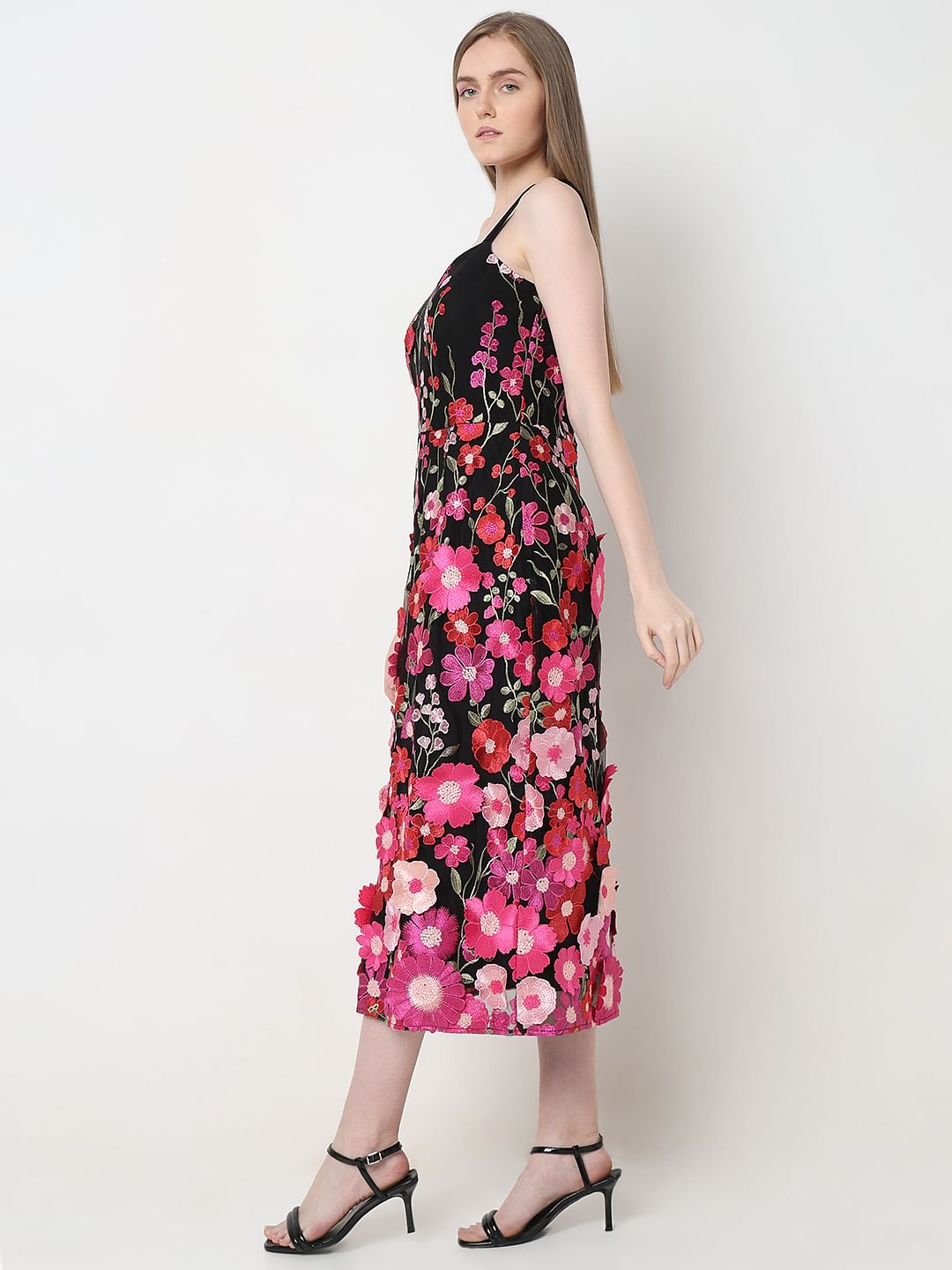 Marquee Black 3D Floral Midi Dress