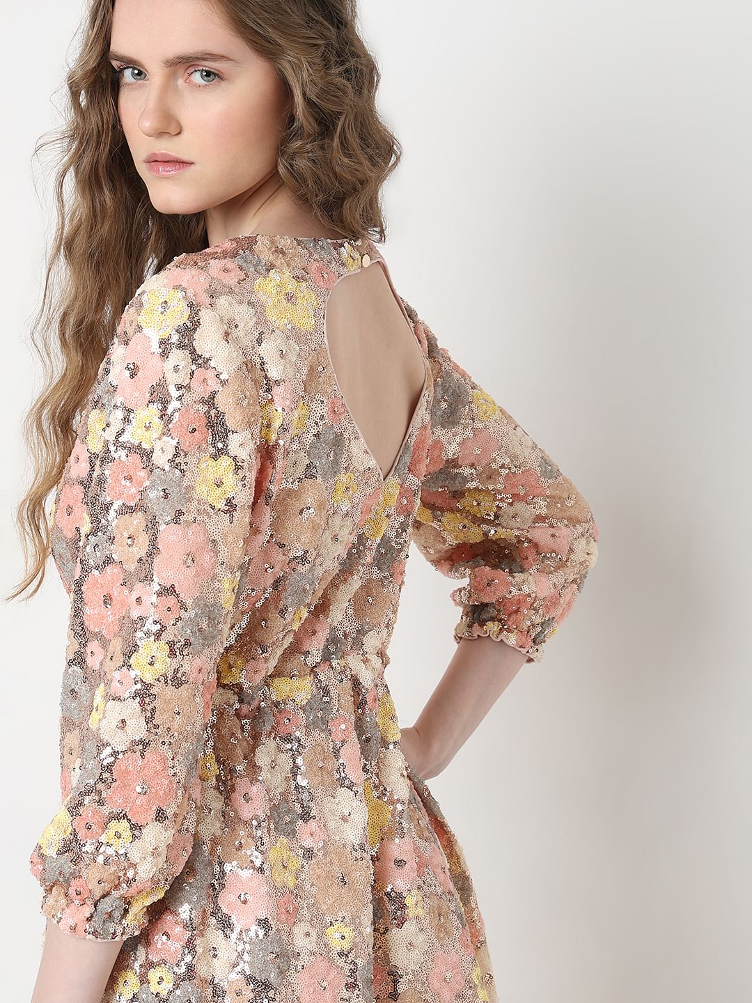 Marquee Beige Floral Sequinned Dress