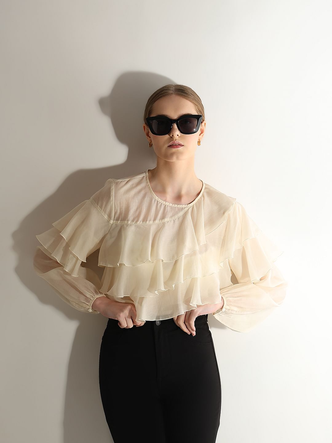 Cream Ruffle Semi Sheer Top