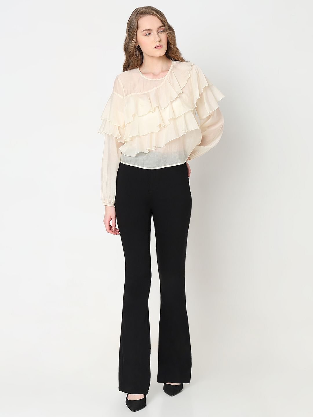 Cream Ruffle Semi Sheer Top