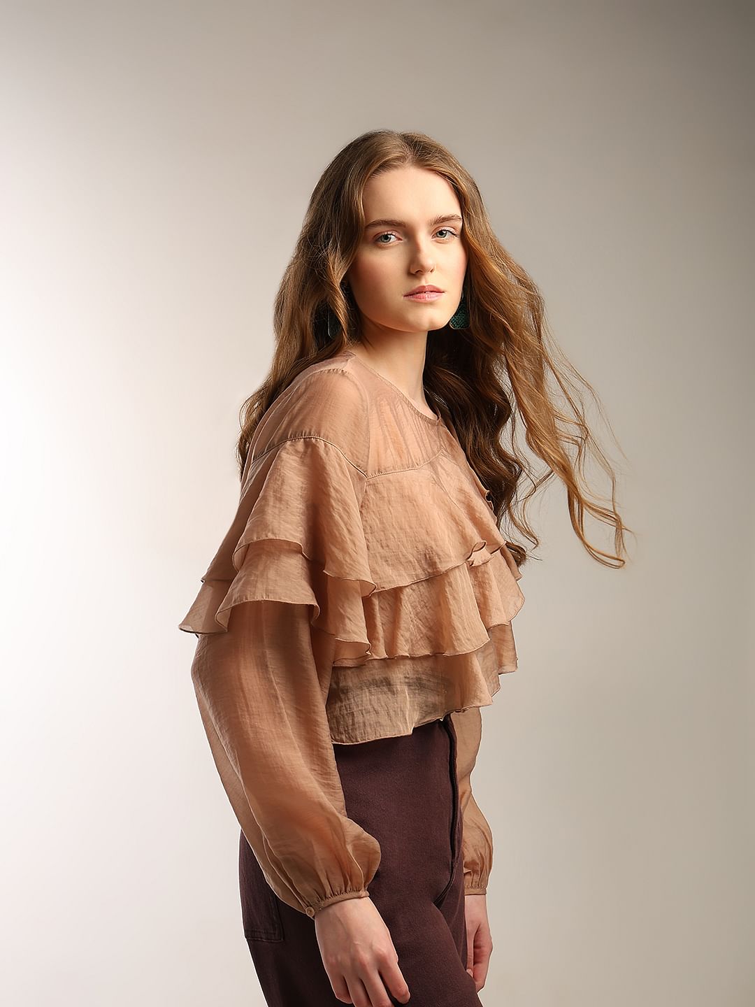 Brown Ruffle Semi Sheer Top