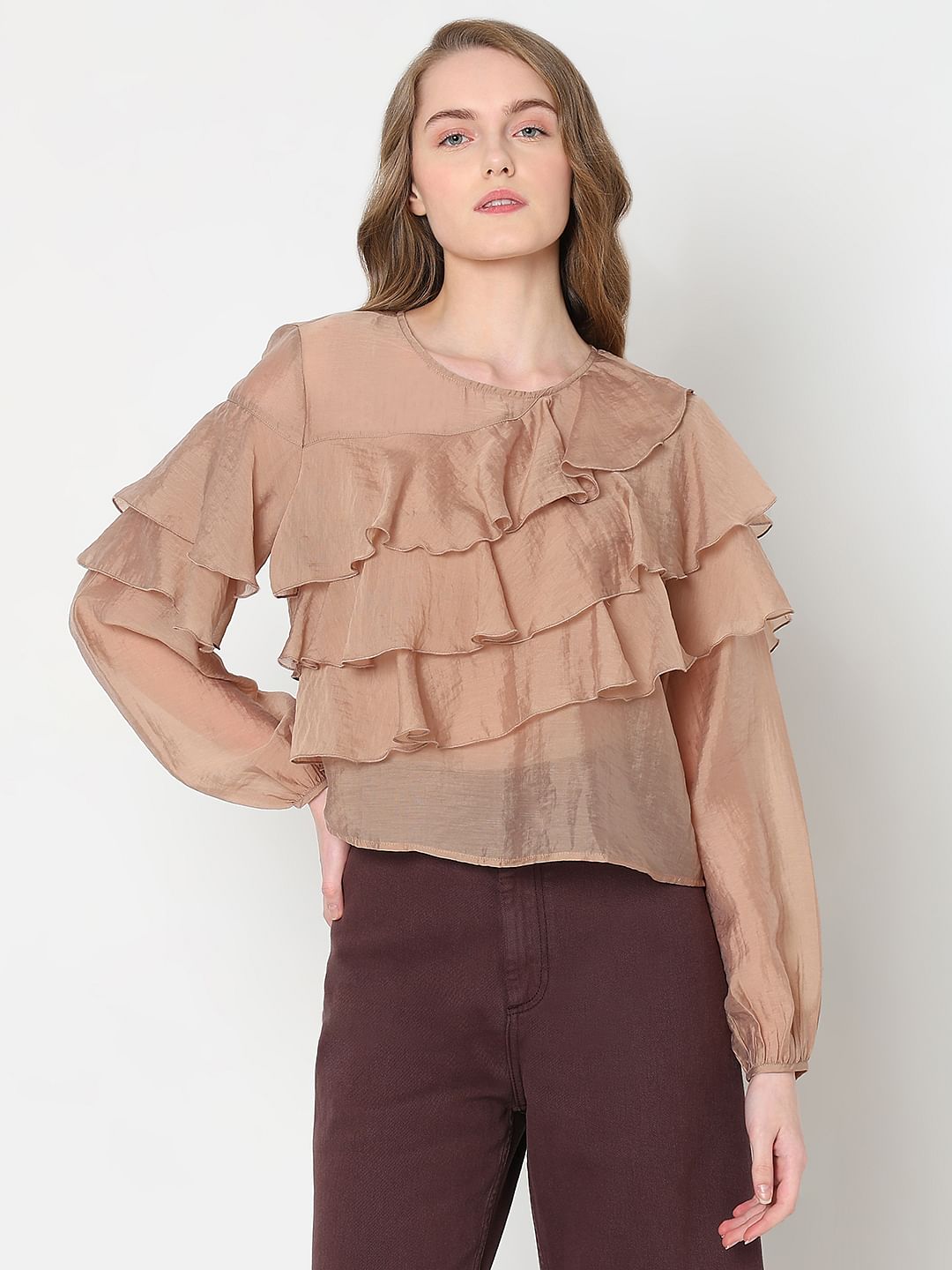 Brown Ruffle Semi Sheer Top