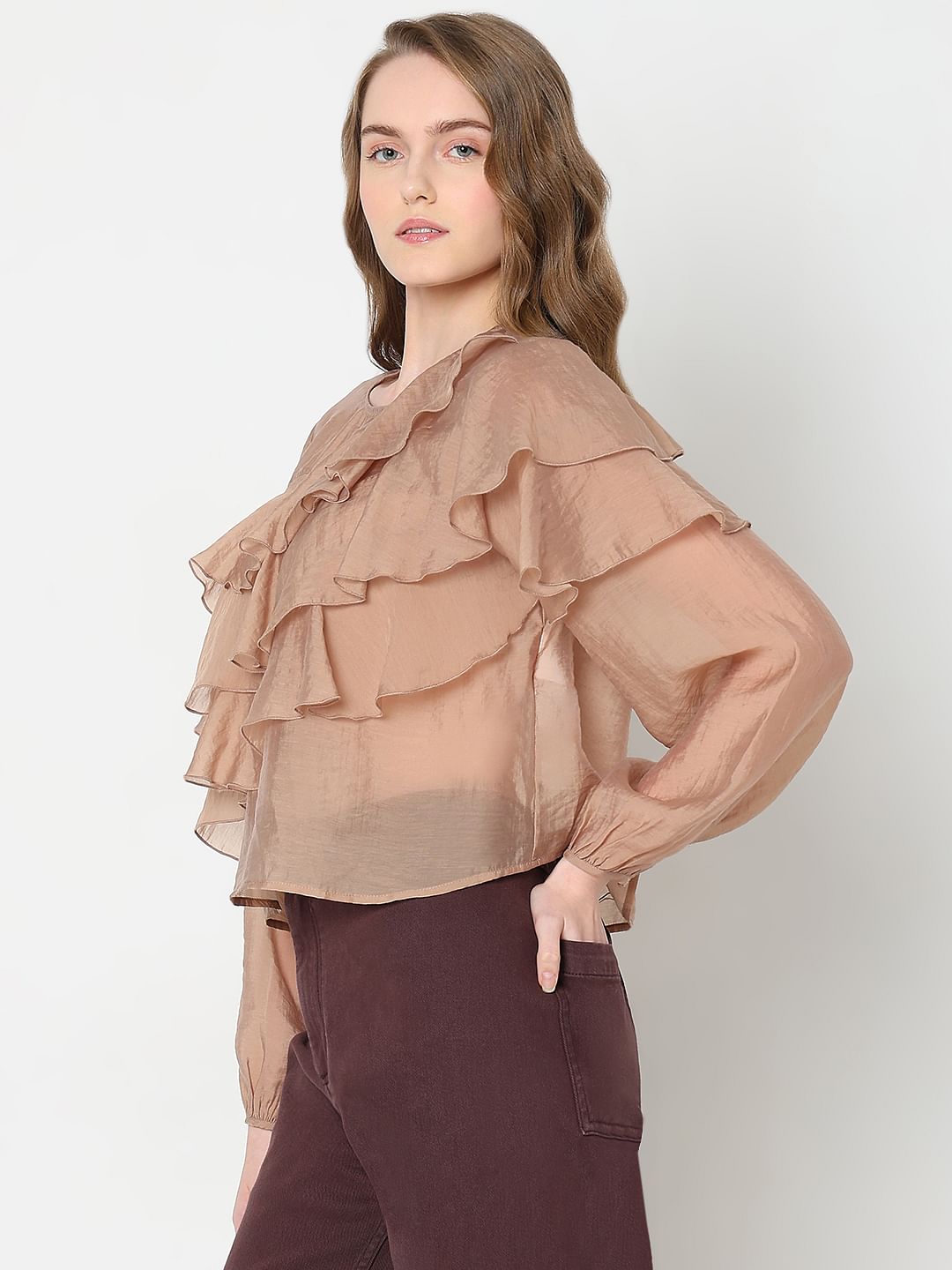 Brown Ruffle Semi Sheer Top