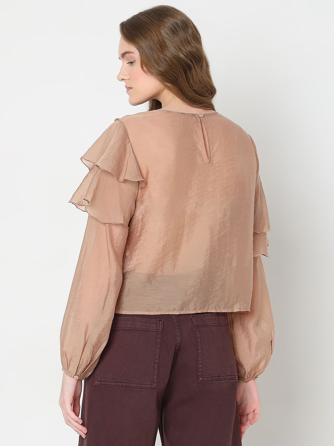 Brown Ruffle Semi Sheer Top