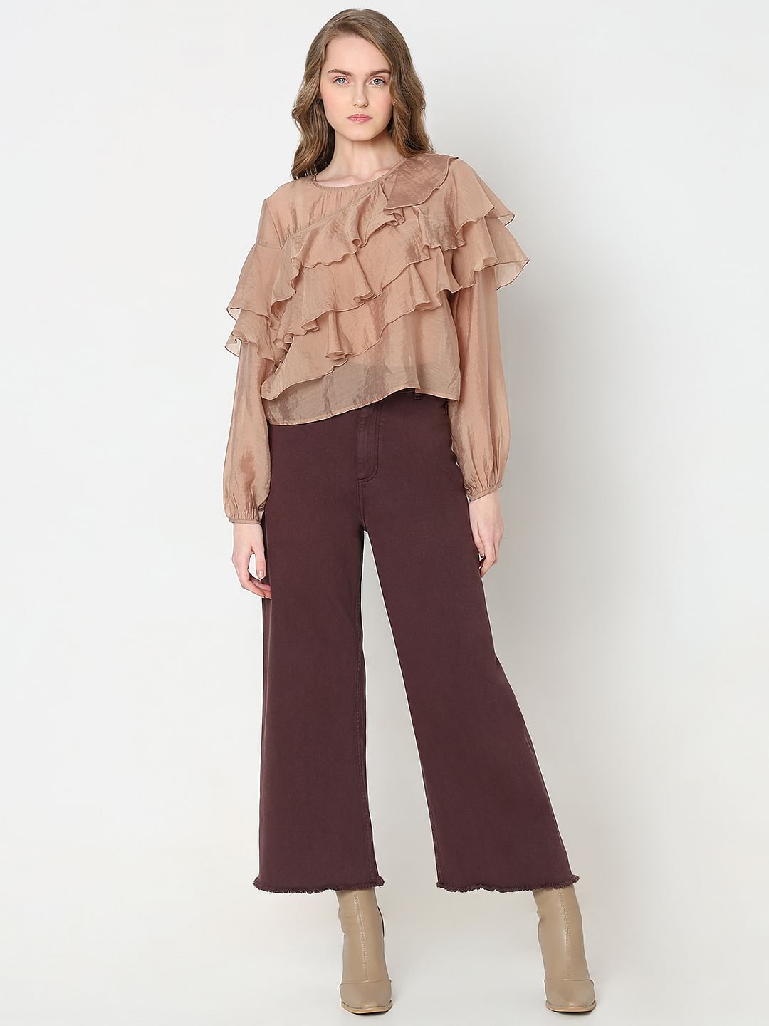 Brown Ruffle Semi Sheer Top