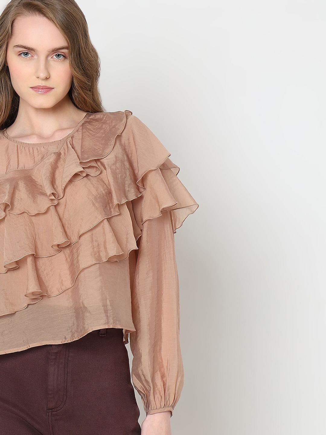 Brown Ruffle Semi Sheer Top