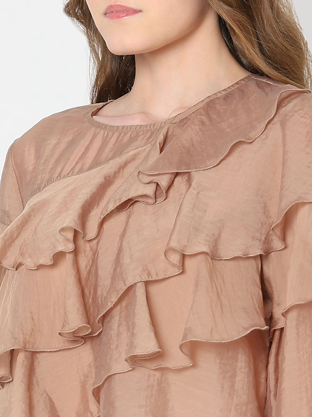 Brown Ruffle Semi Sheer Top