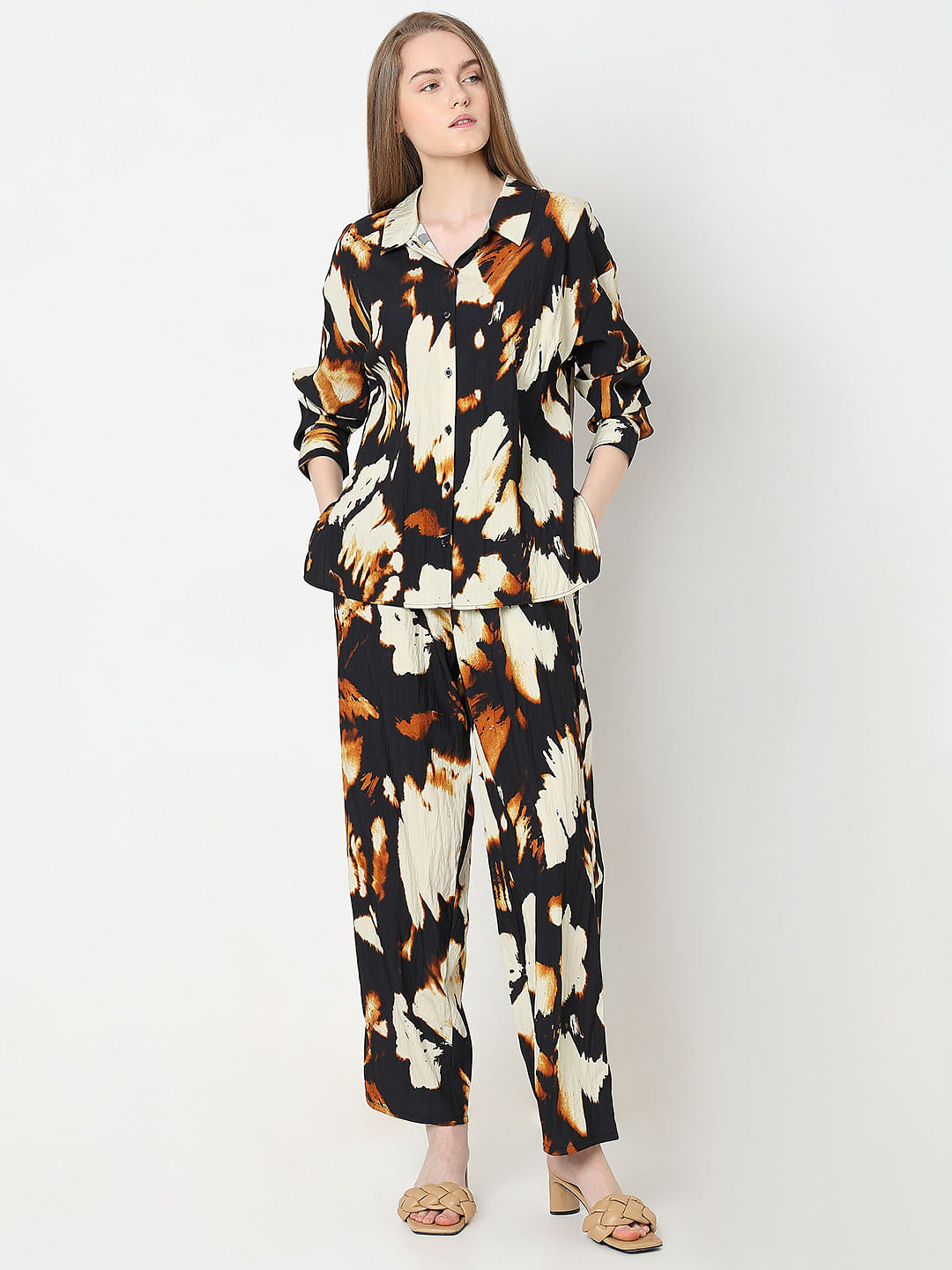 Cream Abstract Print Co-Ord Set Shirt