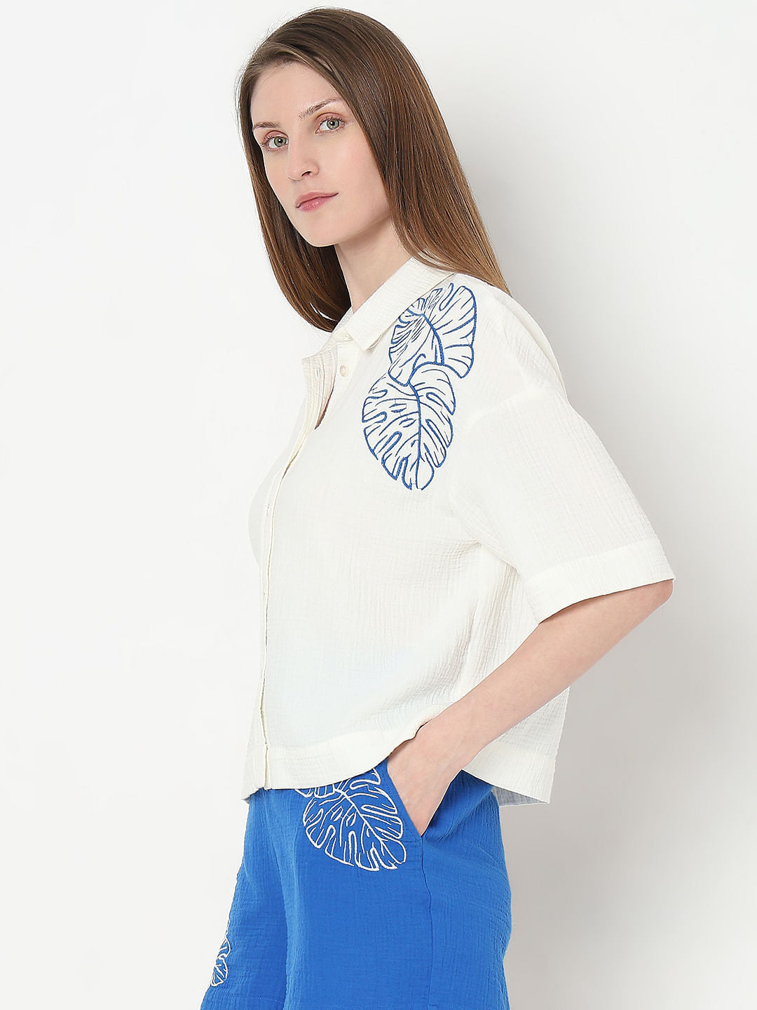 White Embroidered Co-Ord Set Shirt