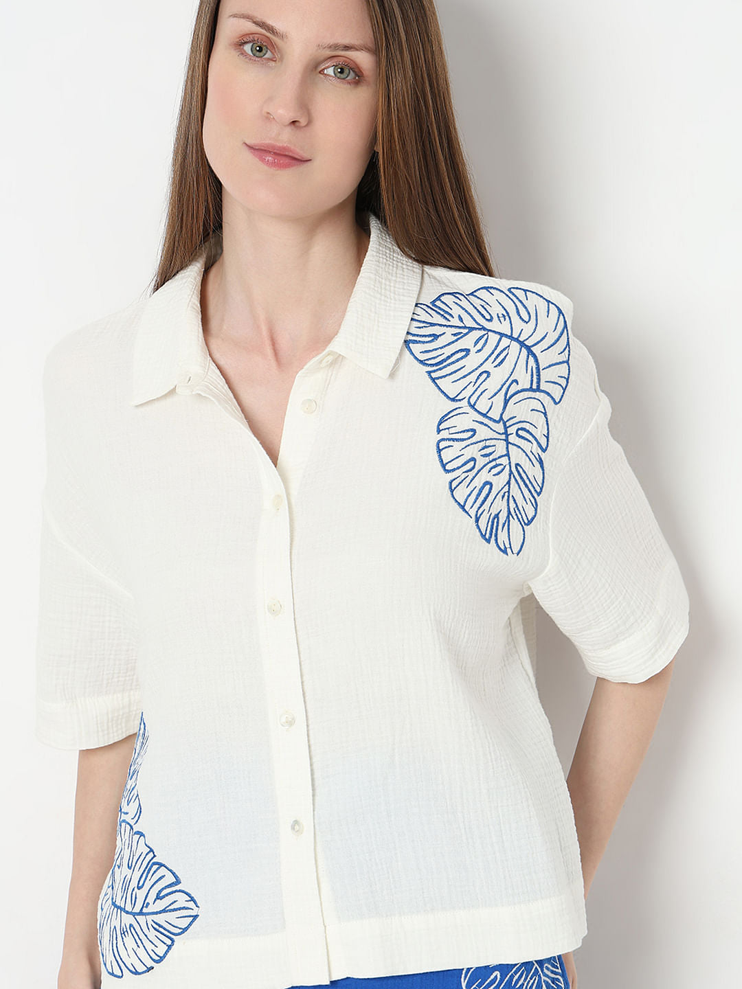 White Embroidered Co-Ord Set Shirt