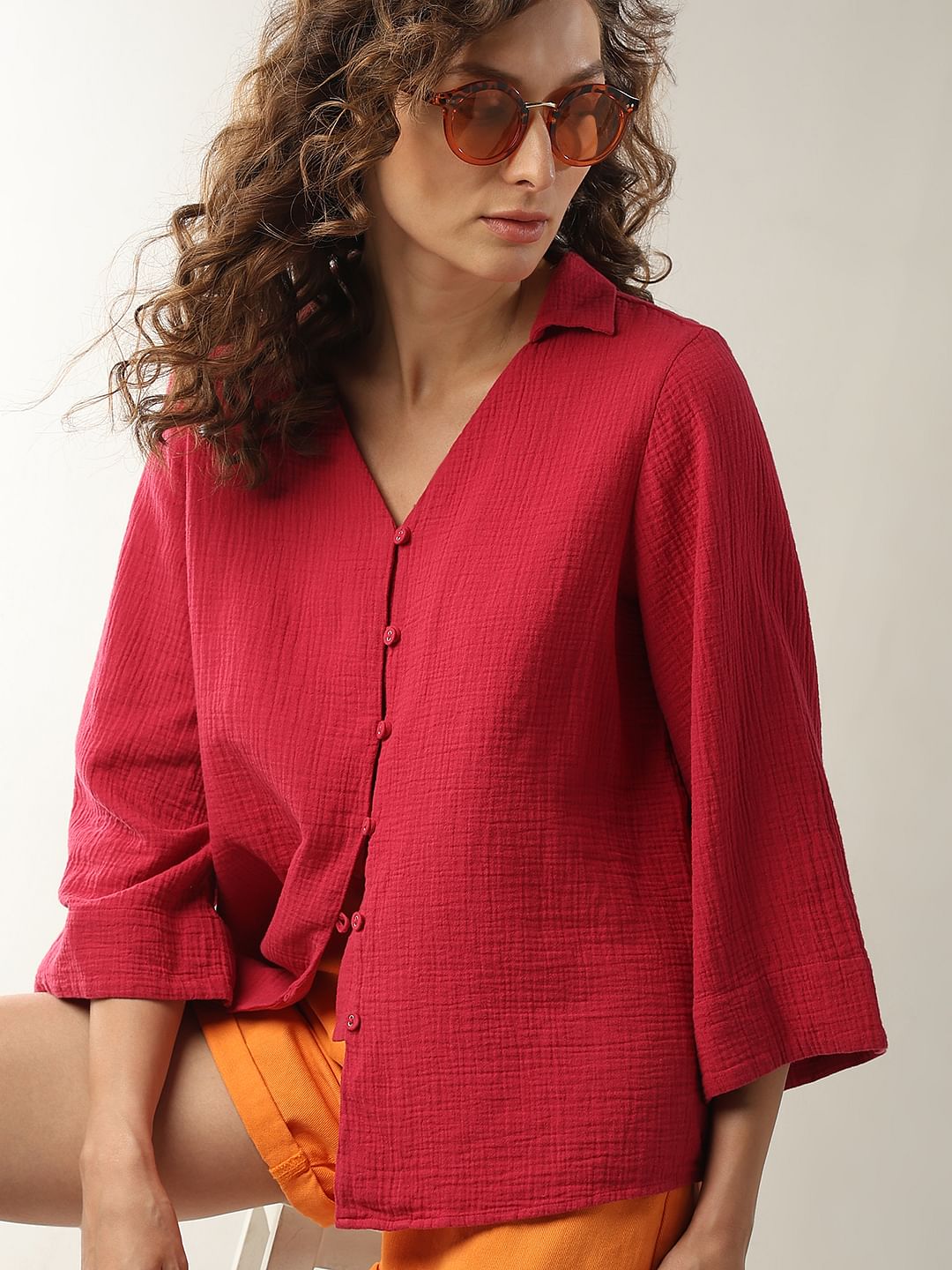 Dark Pink Flared Sleeves Shirt