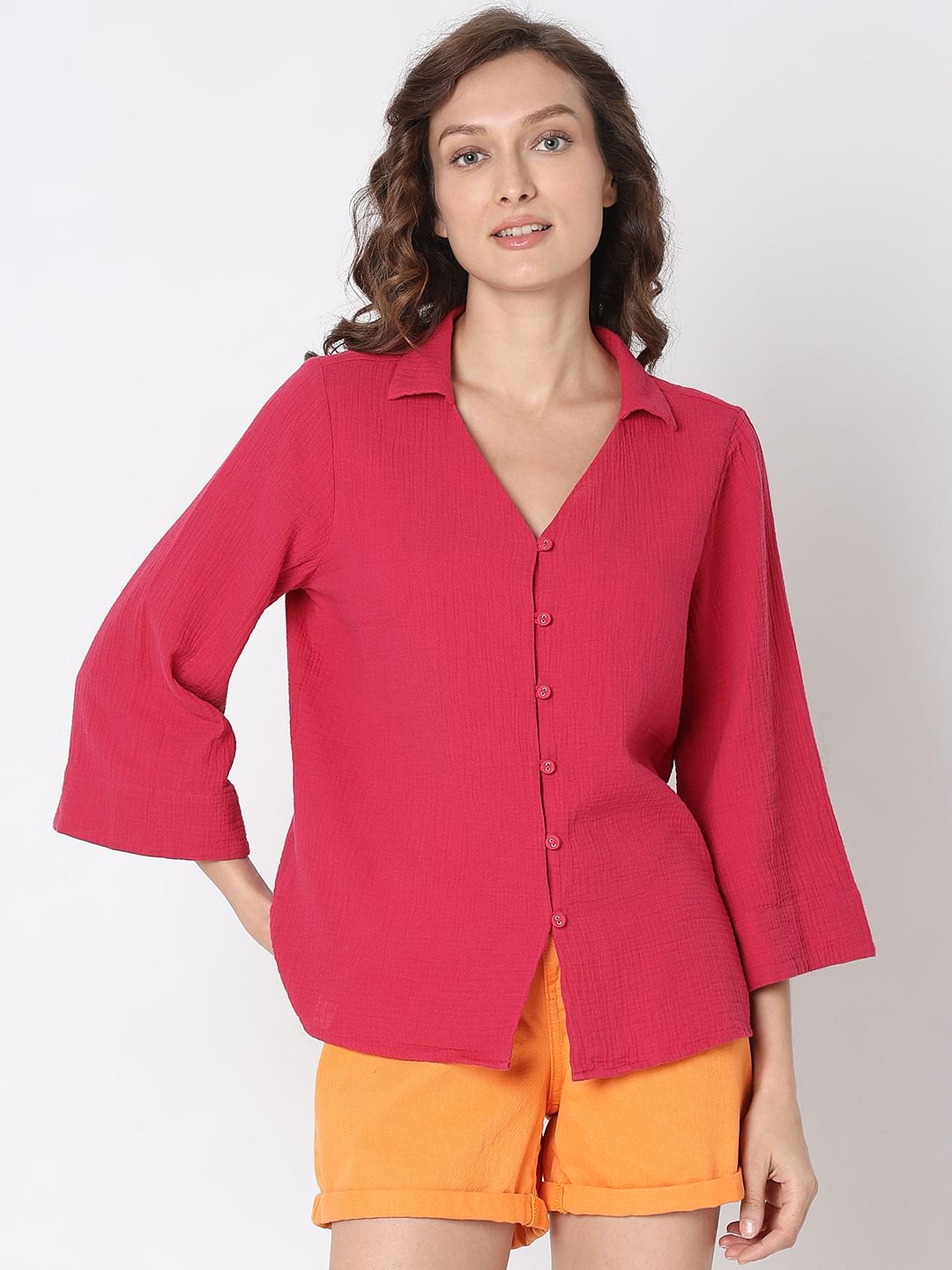 Dark Pink Flared Sleeves Shirt