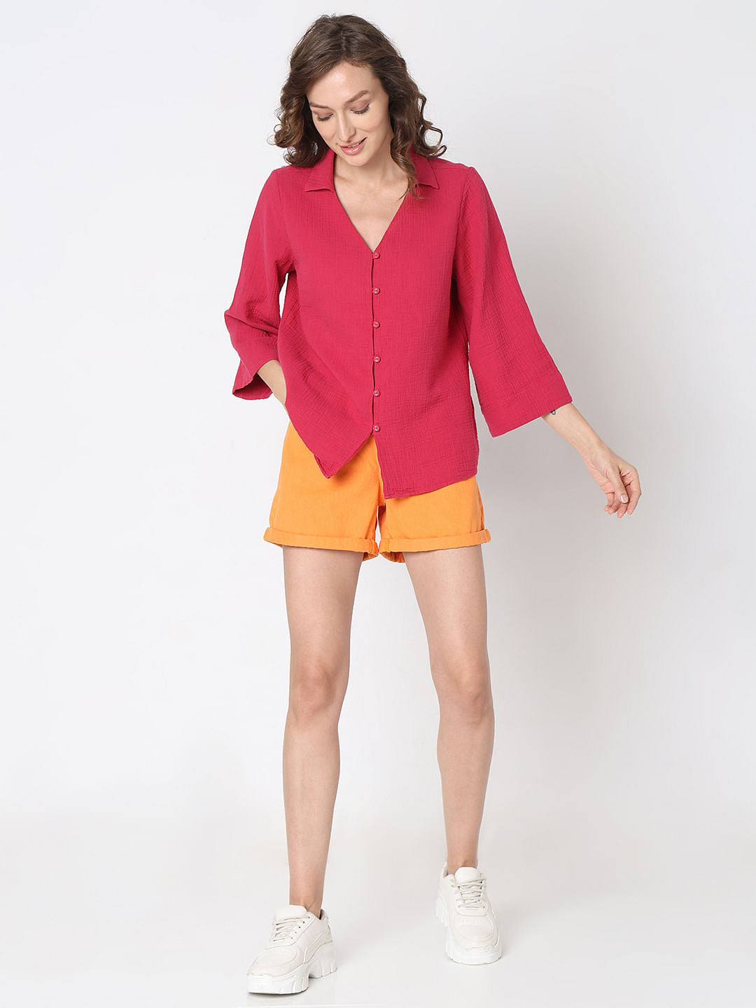 Dark Pink Flared Sleeves Shirt