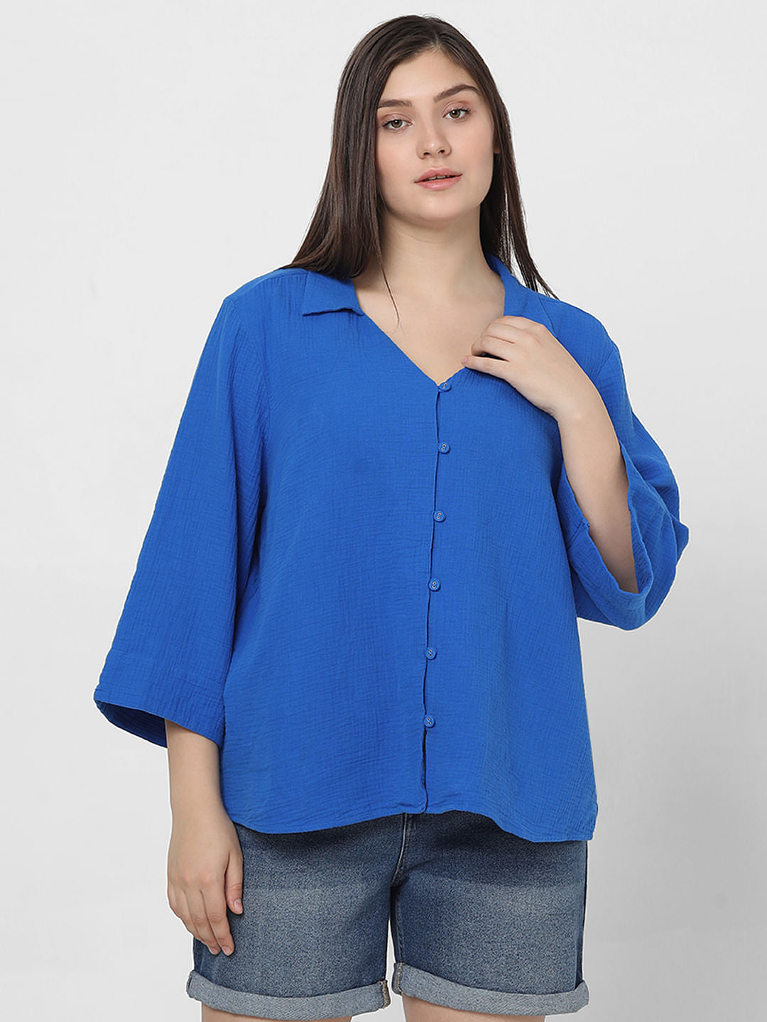 Curve Blue Textured Shirt