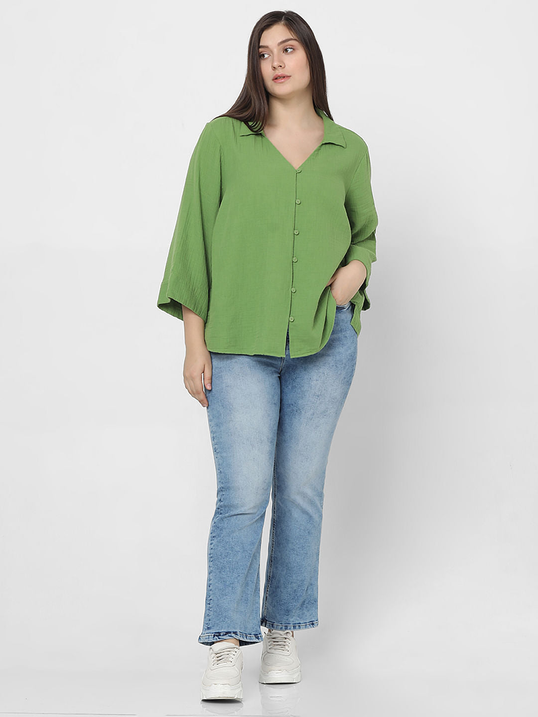 Curve Green Textured Cotton Shirt