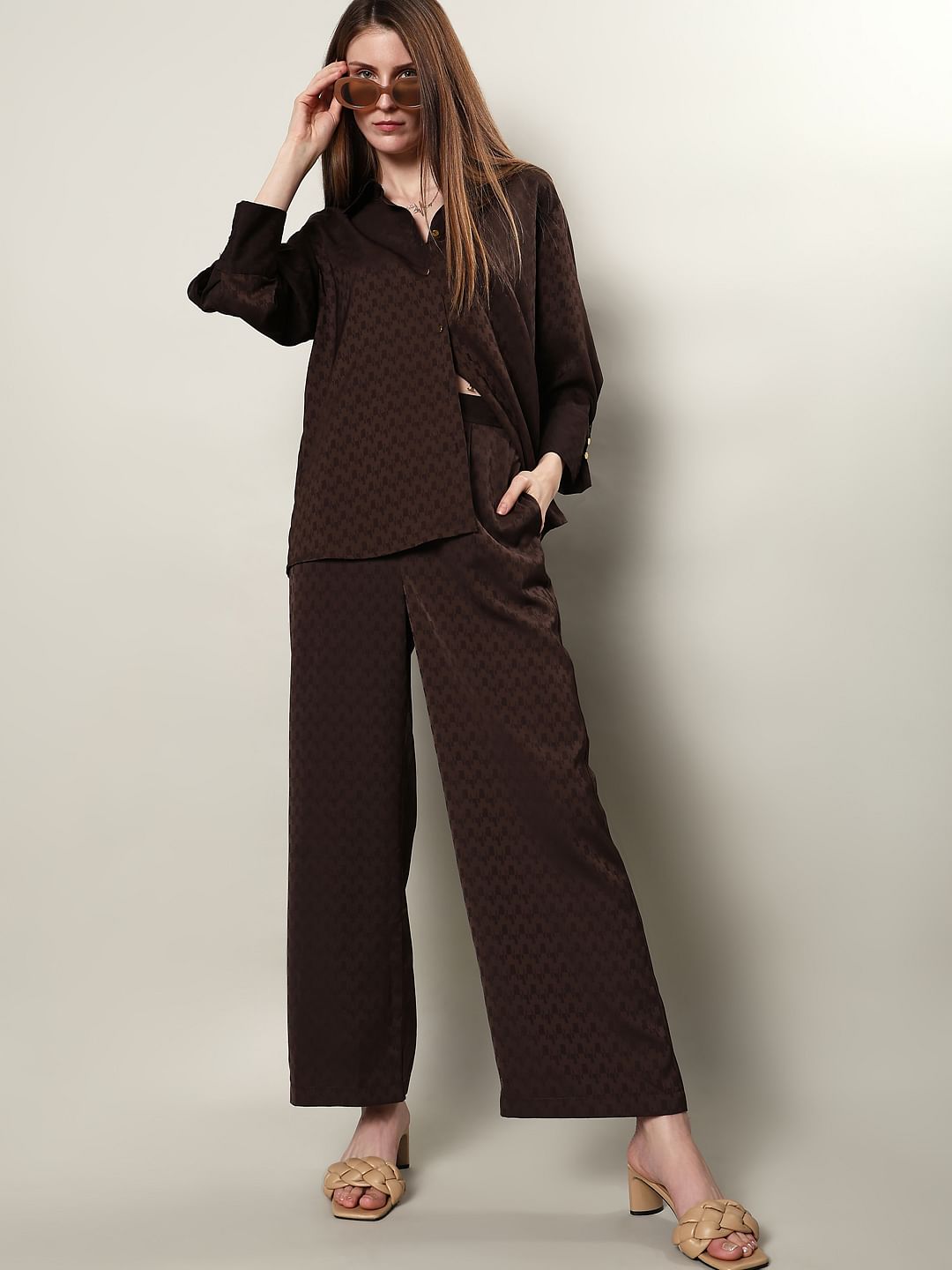 Brown High Rise Printed Co-Ord Set Pants