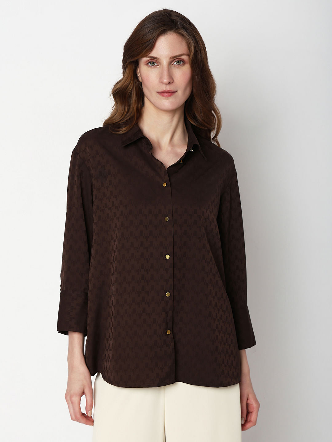 Brown Printed Jacquard Co-Ord Set Shirt