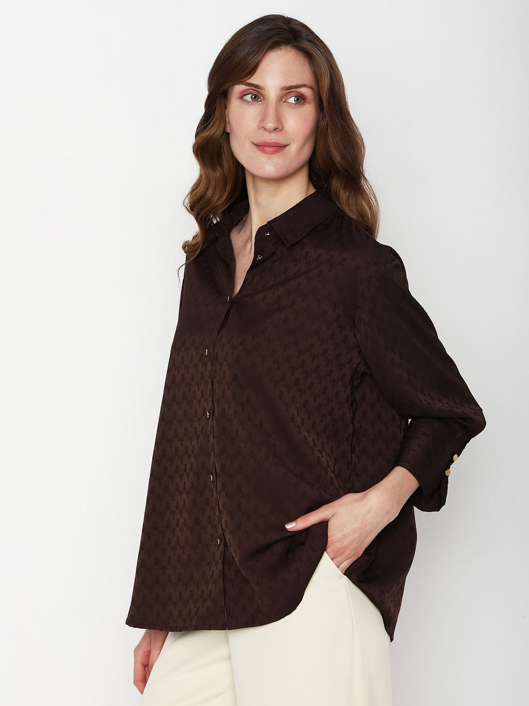 Brown Printed Jacquard Co-Ord Set Shirt